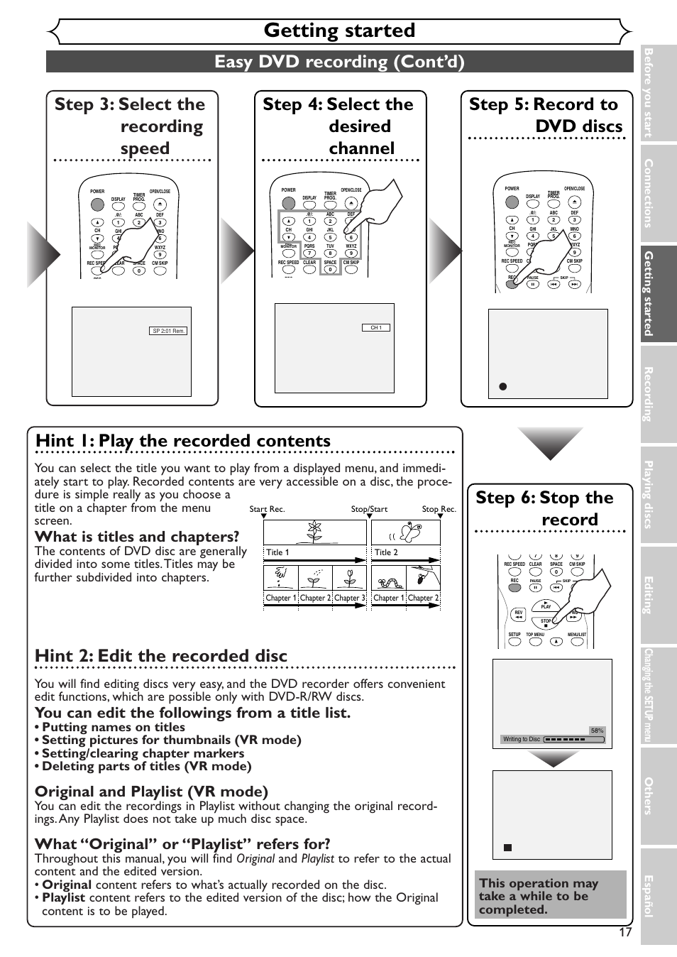 Getting started, Easy dvd recording (cont’d), Step 3: select the recording speed | Step 5: record to dvd discs, Step 4: select the desired channel, Step 6: stop the record, Hint 1: play the recorded contents, Hint 2: edit the recorded disc, What is titles and chapters, You can edit the followings from a title list | Emerson EWR10D4 User Manual | Page 17 / 100