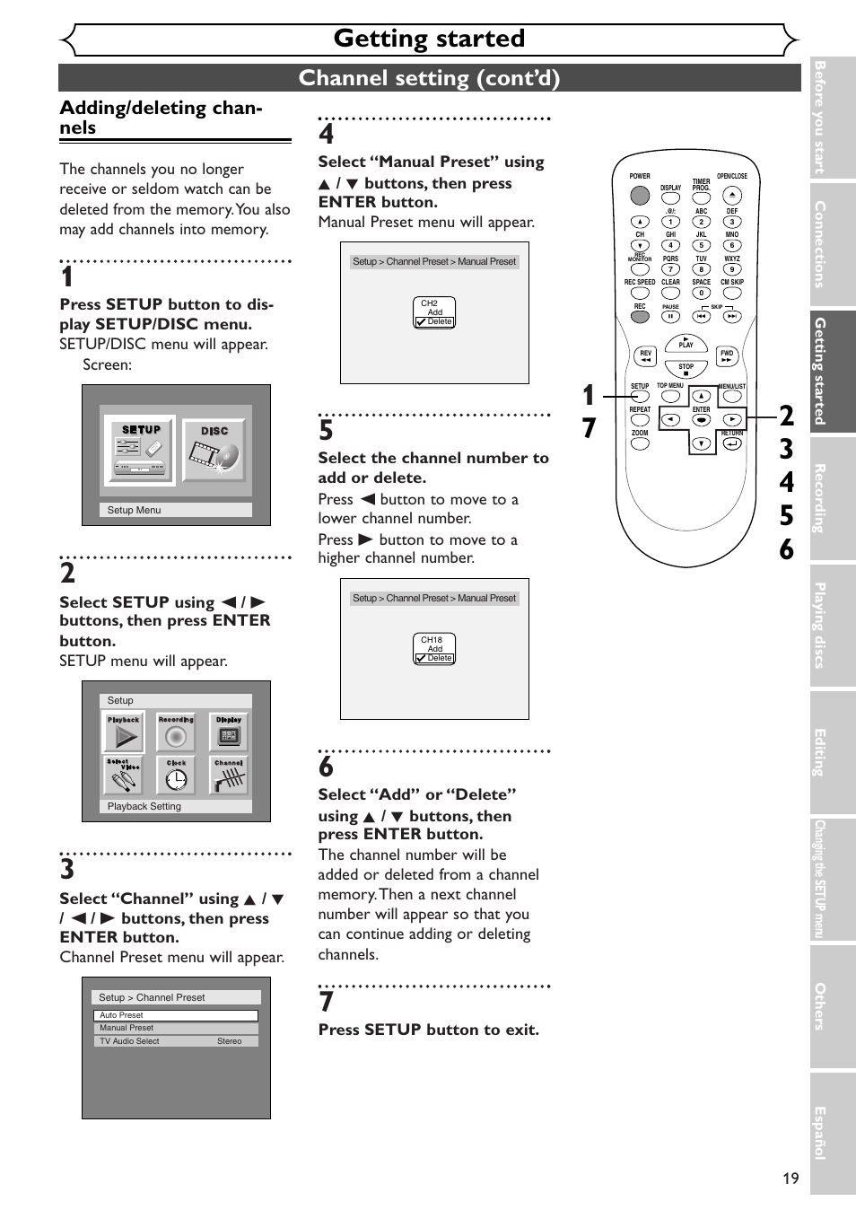 Getting started, Channel setting (cont’d), Adding/deleting chan- nels | Press setup button to exit | Emerson EWR10D4 User Manual | Page 19 / 100
