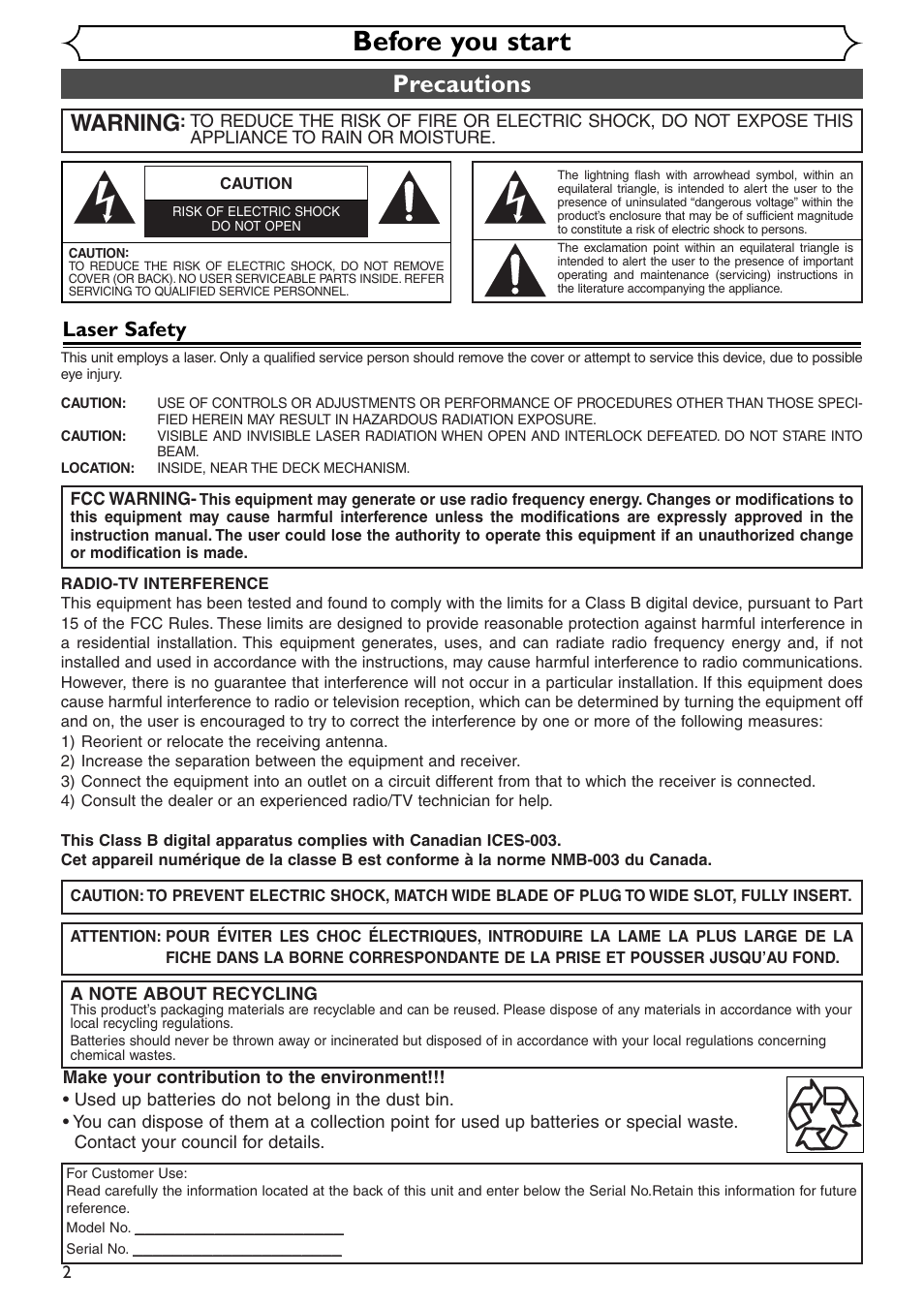 Before you start, Precautions, Warning | Laser safety | Emerson EWR10D4 User Manual | Page 2 / 100