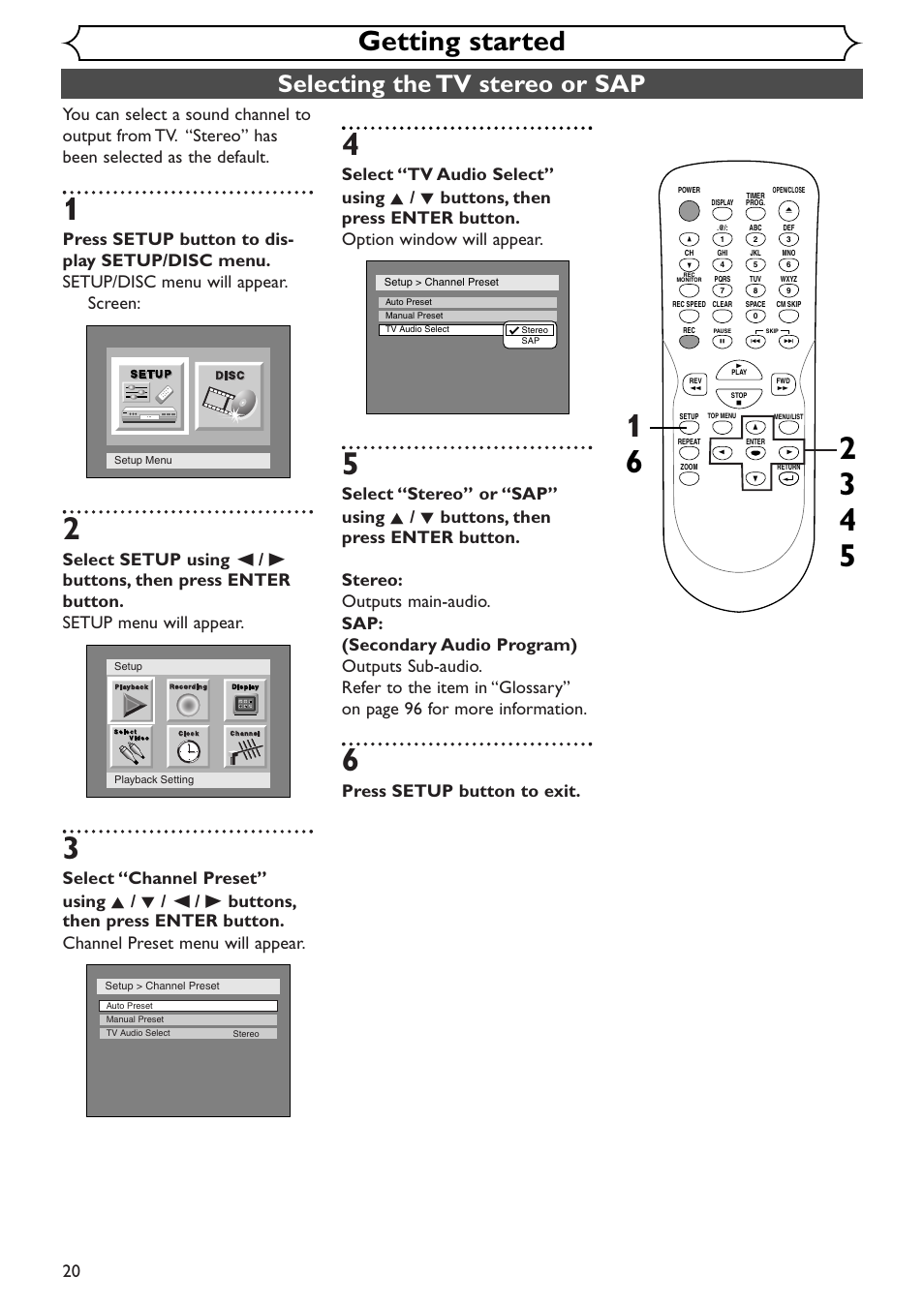 Getting started, Selecting the tv stereo or sap, Press setup button to exit | Emerson EWR10D4 User Manual | Page 20 / 100