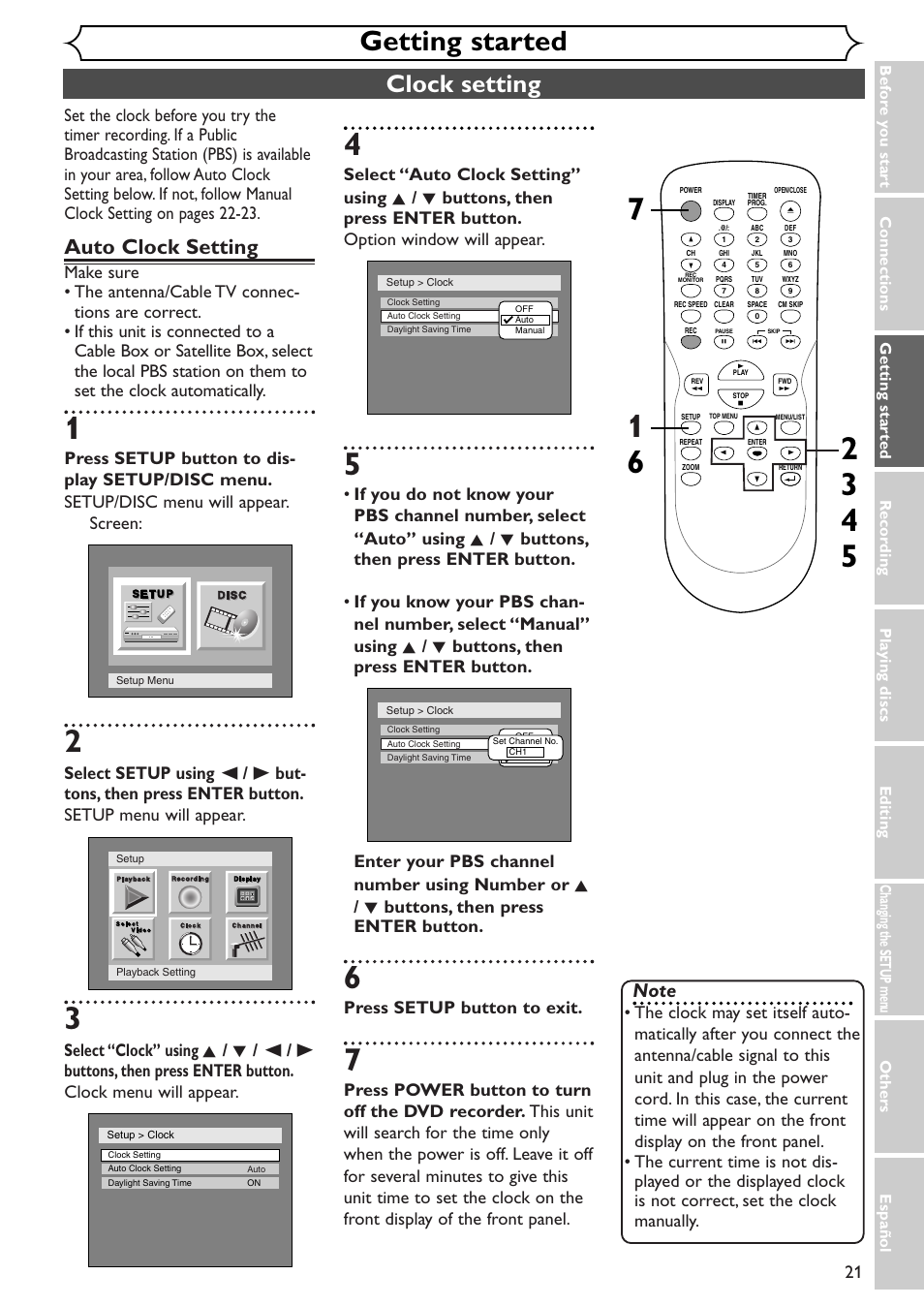 Getting started, Clock setting, Auto clock setting | Press setup button to exit | Emerson EWR10D4 User Manual | Page 21 / 100
