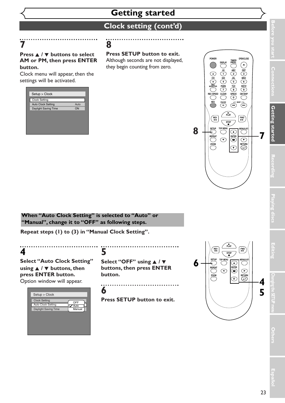 Getting started, Clock setting (cont’d), Press setup button to exit | Emerson EWR10D4 User Manual | Page 23 / 100
