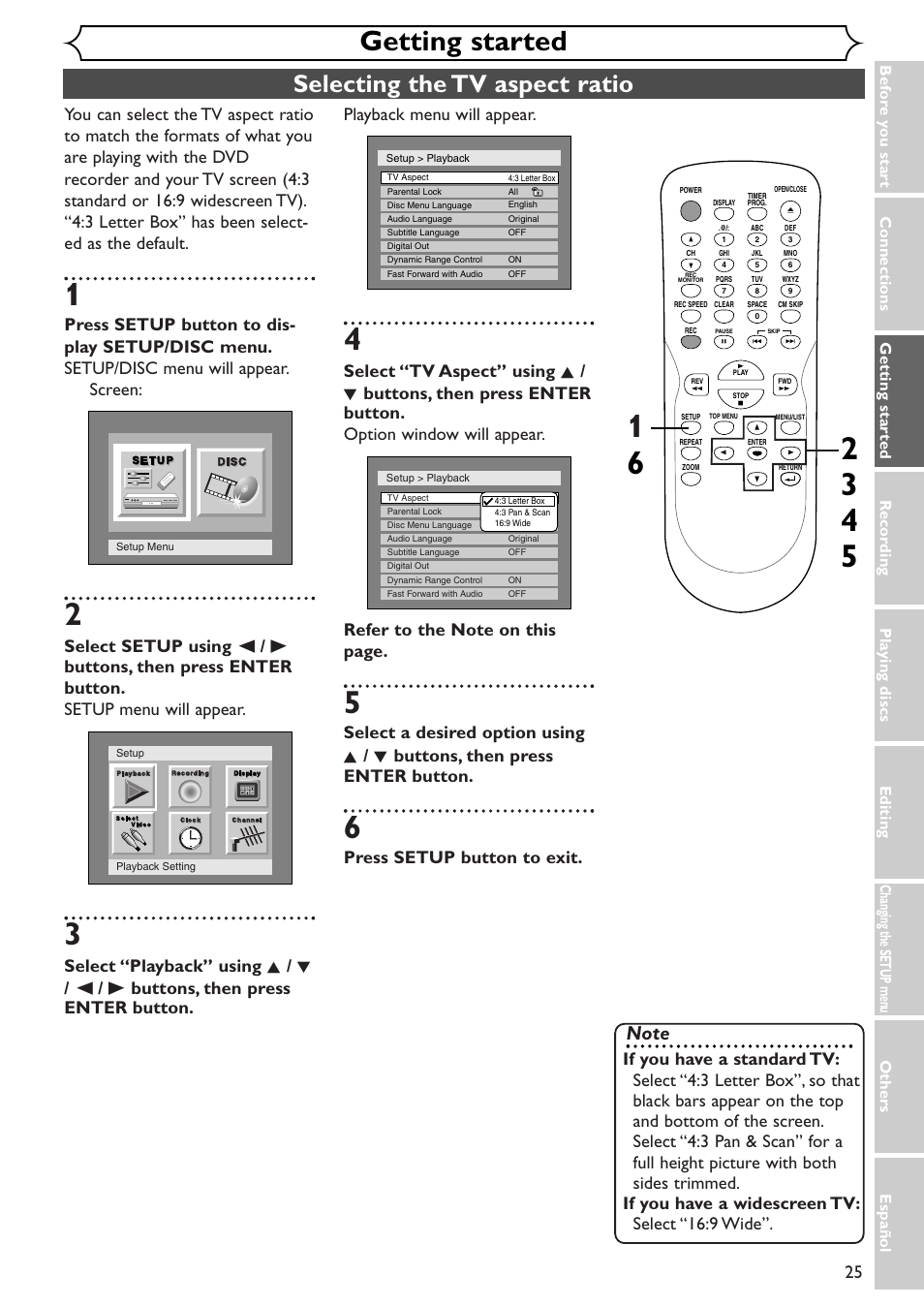 Getting started, Selecting the tv aspect ratio, Playback menu will appear | Press setup button to exit | Emerson EWR10D4 User Manual | Page 25 / 100