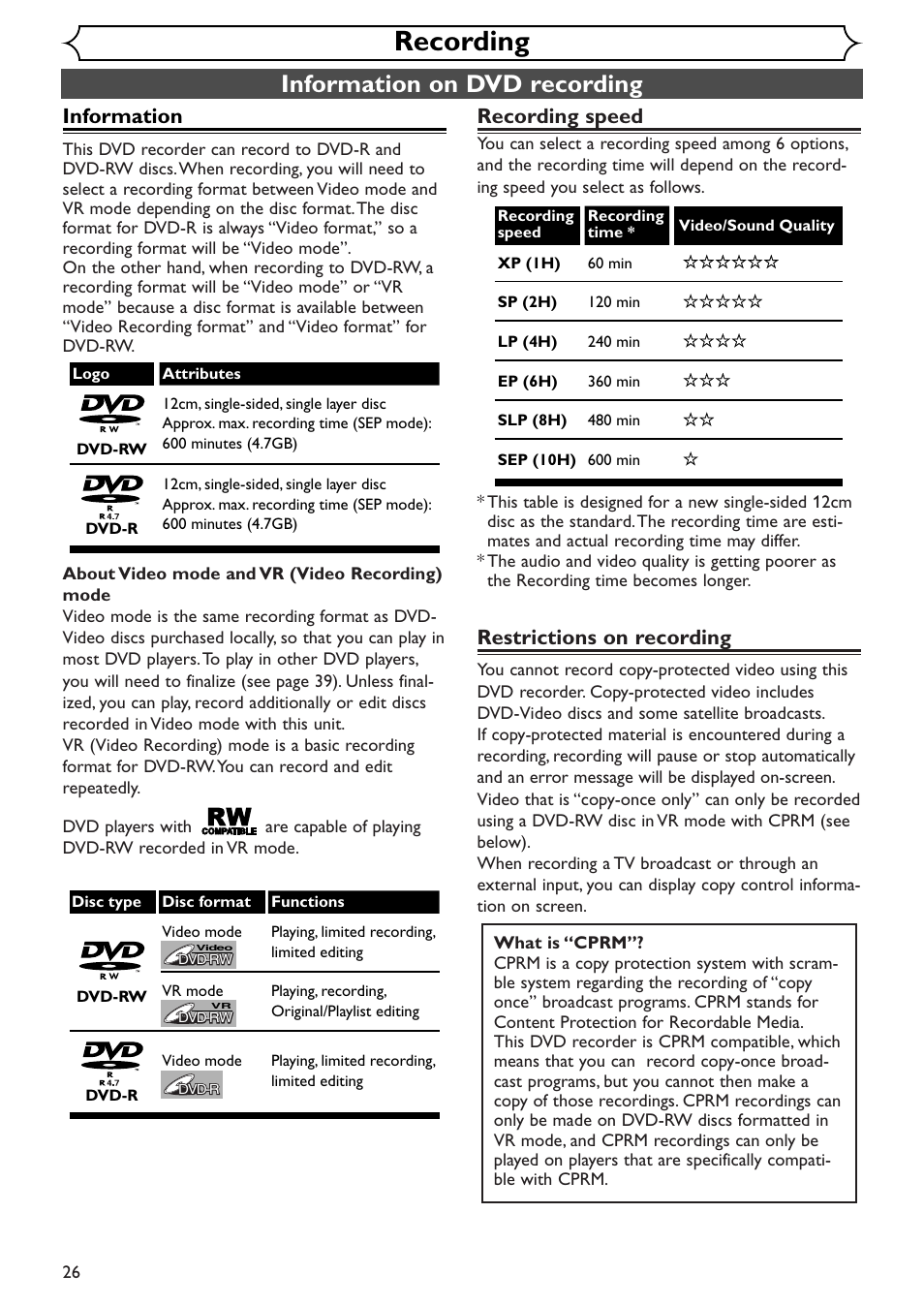 Recording, Information on dvd recording, Information | Recording speed, Restrictions on recording | Emerson EWR10D4 User Manual | Page 26 / 100