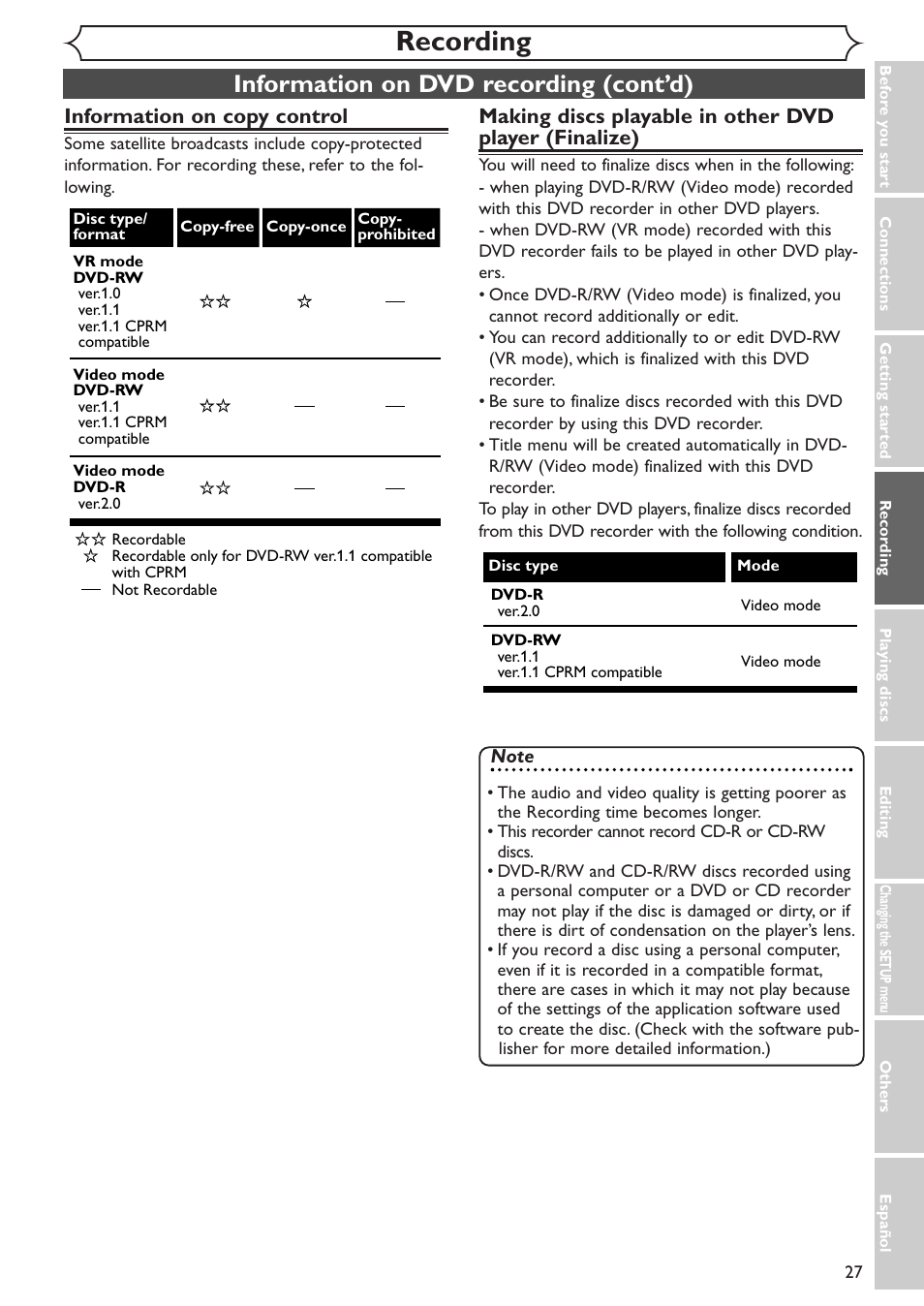 Recording, Information on dvd recording (cont’d), Information on copy control | Emerson EWR10D4 User Manual | Page 27 / 100