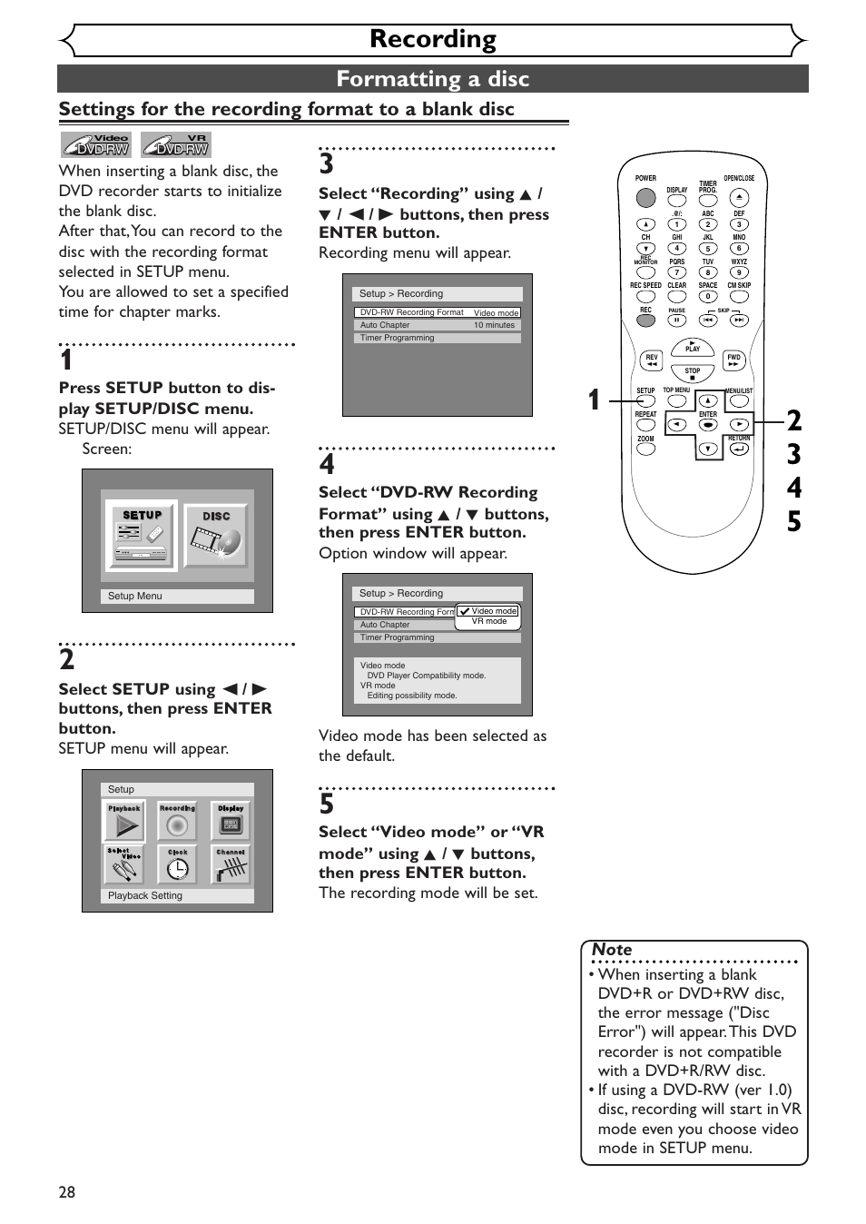 Recording, Formatting a disc, Settings for the recording format to a blank disc | Emerson EWR10D4 User Manual | Page 28 / 100