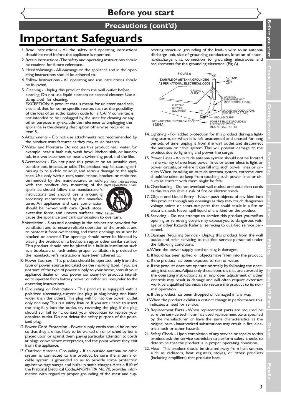 Important safeguards, Before you start, Precautions (cont’d) | Emerson EWR10D4 User Manual | Page 3 / 100