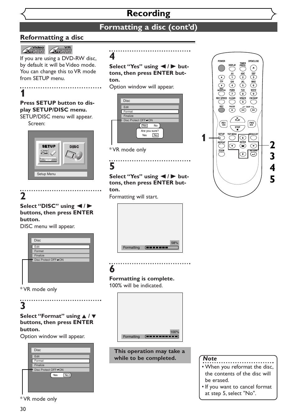 Recording, Formatting a disc (cont’d), Reformatting a disc | Formatting is complete. 100% will be indicated, This operation may take a while to be completed | Emerson EWR10D4 User Manual | Page 30 / 100