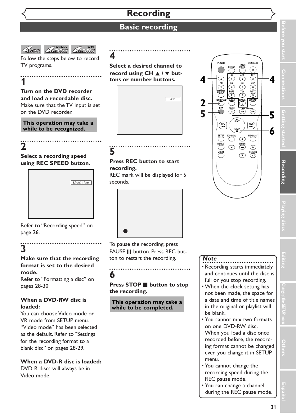 Recording, Basic recording, This operation may take a while to be recognized | Emerson EWR10D4 User Manual | Page 31 / 100