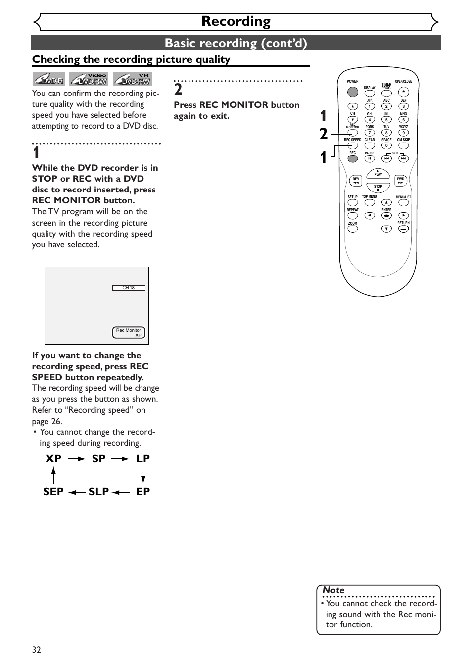 Recording, Basic recording (cont’d), Xp sp lp ep slp sep | Checking the recording picture quality, Press rec monitor button again to exit | Emerson EWR10D4 User Manual | Page 32 / 100