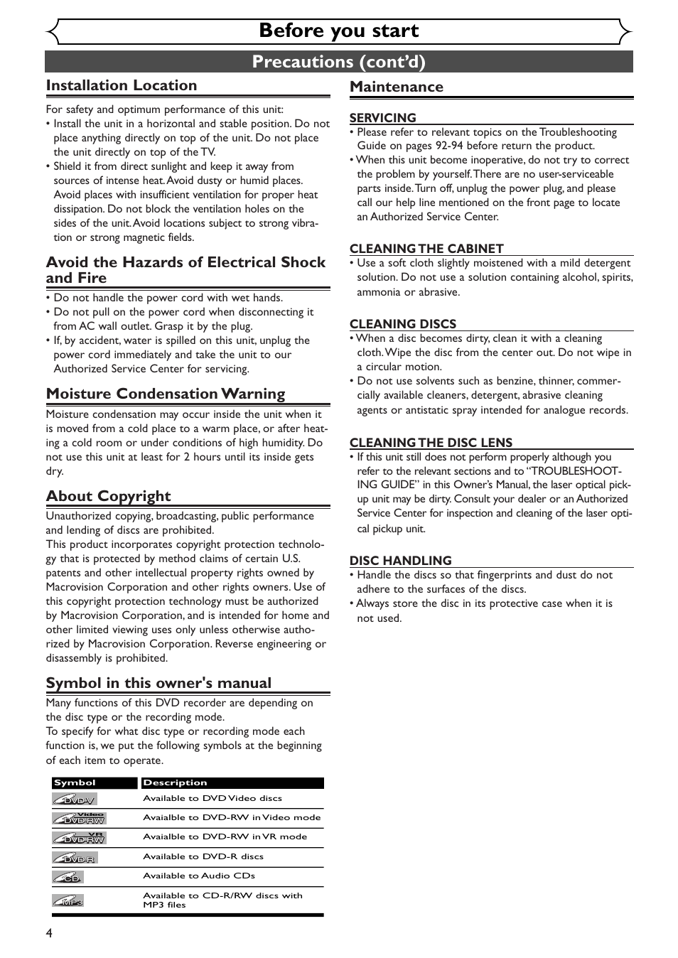 Before you start, Precautions (cont’d), Installation location | Avoid the hazards of electrical shock and fire, Moisture condensation warning, About copyright, Symbol in this owner's manual, Maintenance | Emerson EWR10D4 User Manual | Page 4 / 100