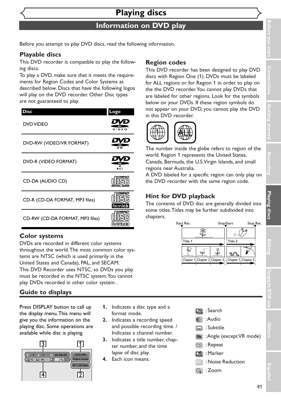 Playing discs, Information on dvd play, Playable discs | Color systems, Region codes, Hint for dvd playback, 13 2 4 guide to displays | Emerson EWR10D4 User Manual | Page 41 / 100