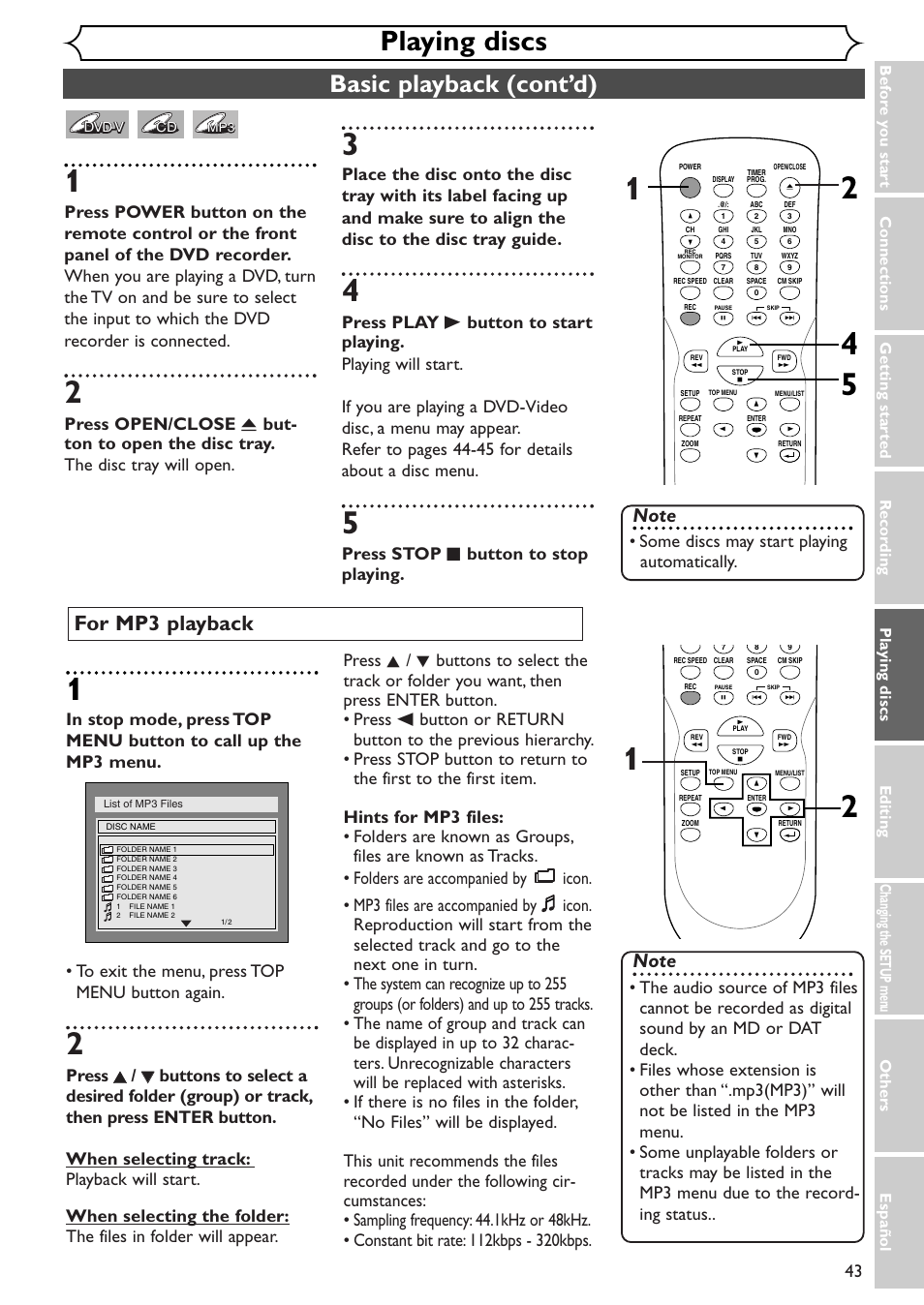 Playing discs, Basic playback (cont’d), For mp3 playback | Press stop c button to stop playing, Some discs may start playing automatically | Emerson EWR10D4 User Manual | Page 43 / 100