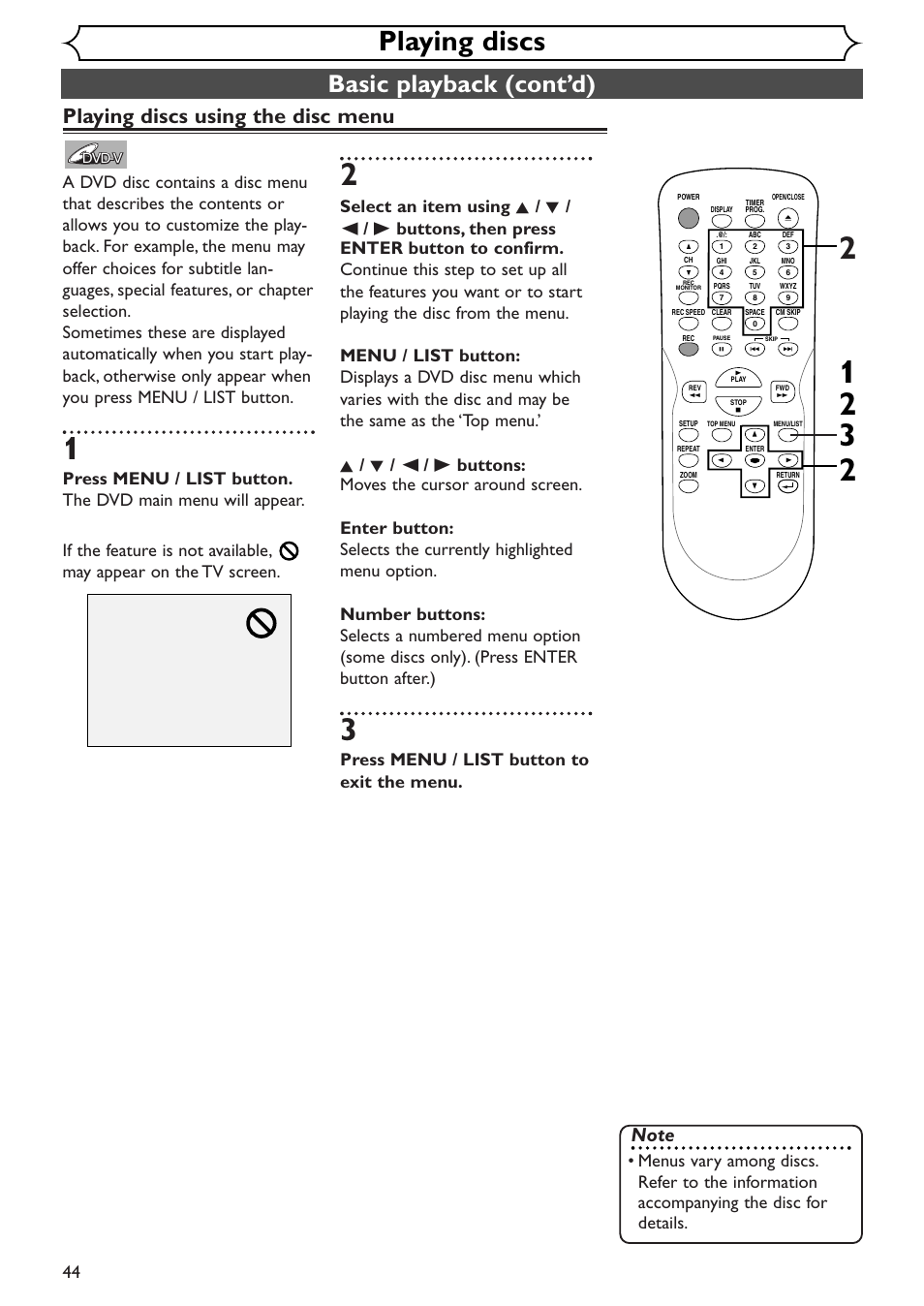 Playing discs, Basic playback (cont’d), Playing discs using the disc menu | Press menu / list button to exit the menu | Emerson EWR10D4 User Manual | Page 44 / 100
