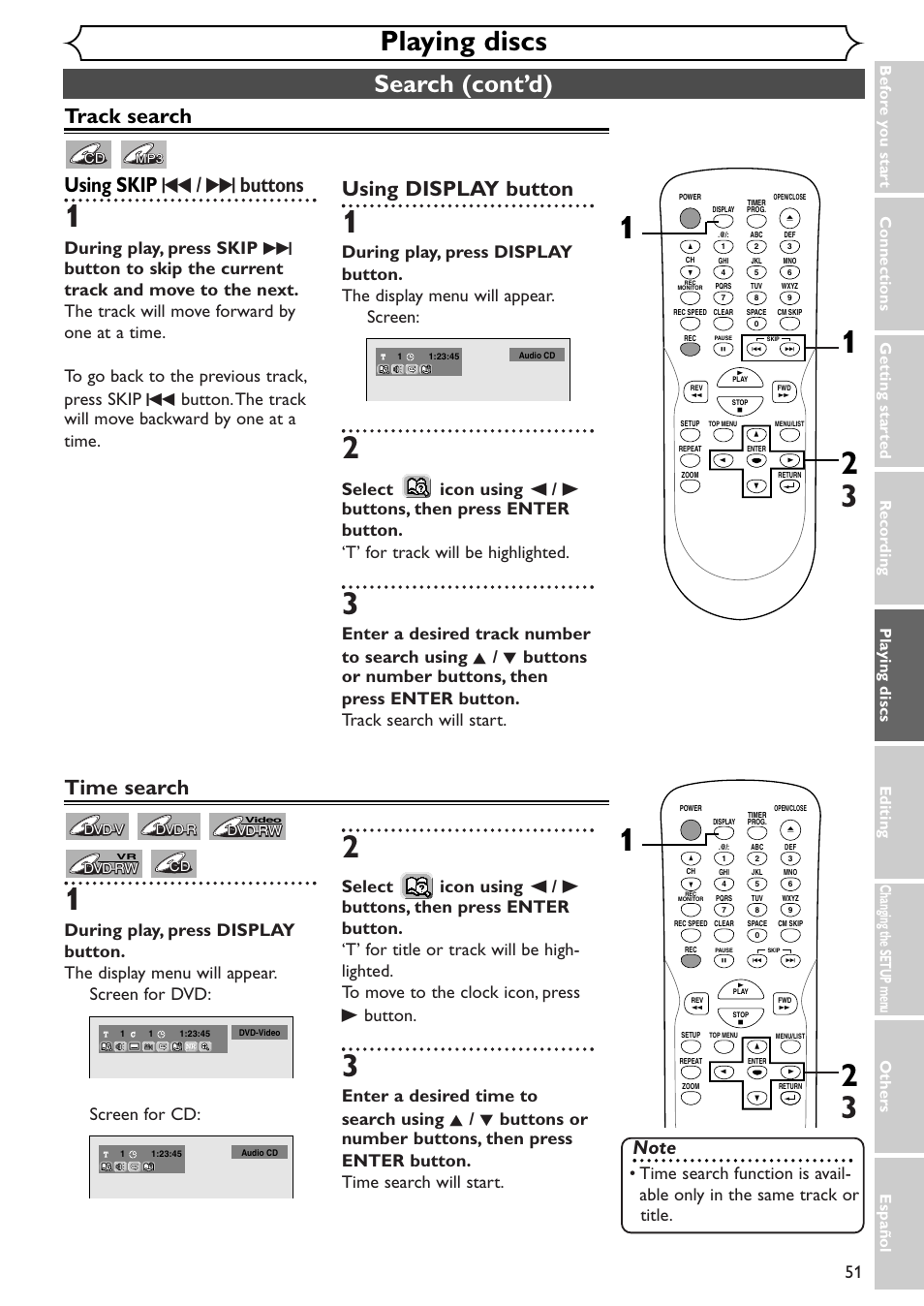 Playing discs, Search (cont’d), Track search using skip h / g buttons | Using display button, Time search | Emerson EWR10D4 User Manual | Page 51 / 100
