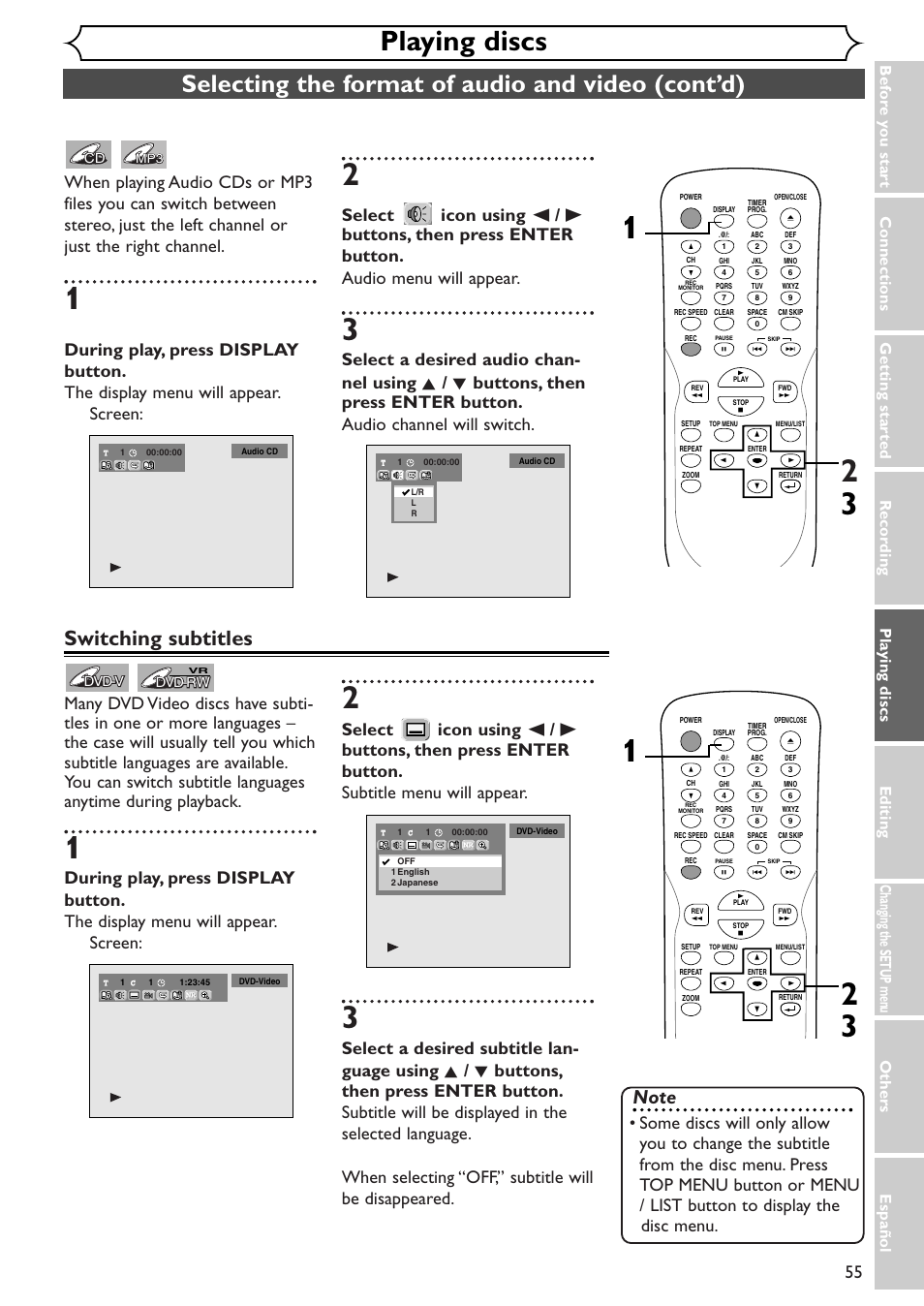 Playing discs, Selecting the format of audio and video (cont’d), Switching subtitles | Emerson EWR10D4 User Manual | Page 55 / 100