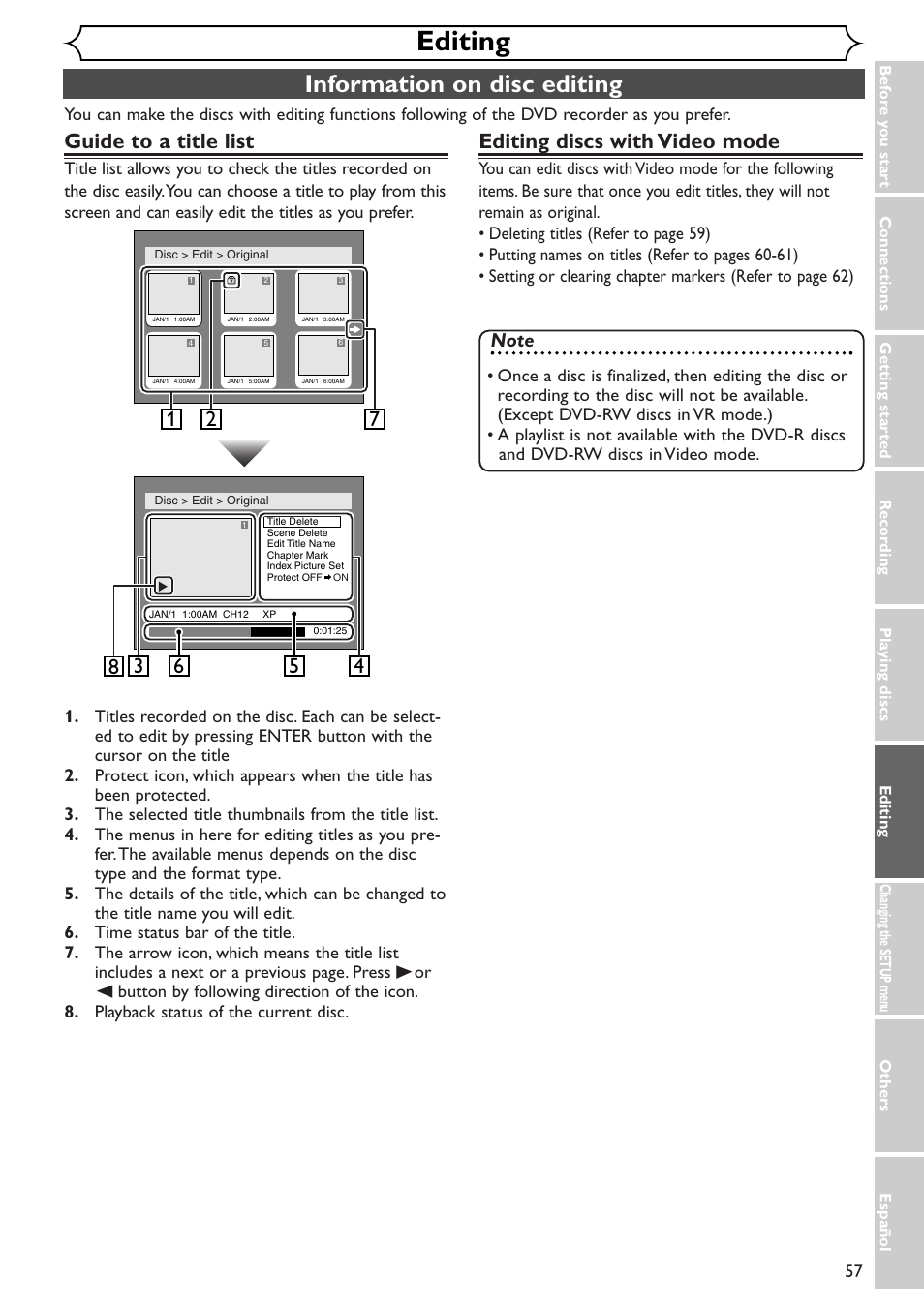 Editing, Information on disc editing, Guide to a title list | Editing discs with video mode | Emerson EWR10D4 User Manual | Page 57 / 100