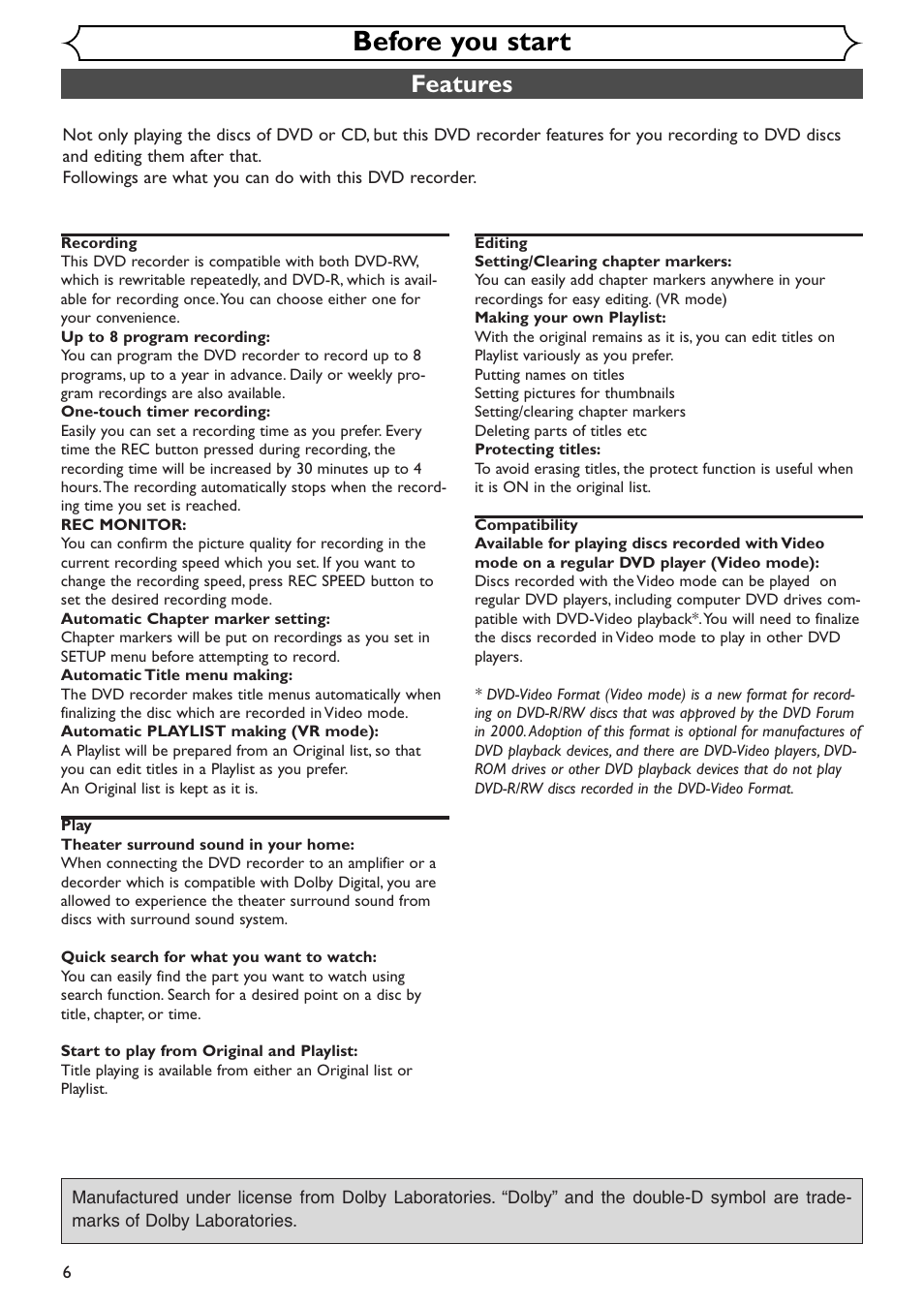 Before you start, Features | Emerson EWR10D4 User Manual | Page 6 / 100