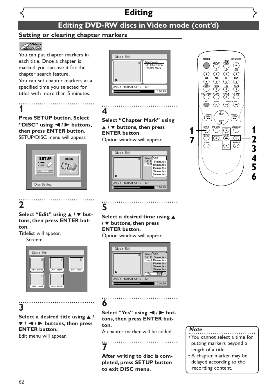 Editing, Editing dvd-rw discs in video mode (cont’d), Setting or clearing chapter markers | Emerson EWR10D4 User Manual | Page 62 / 100