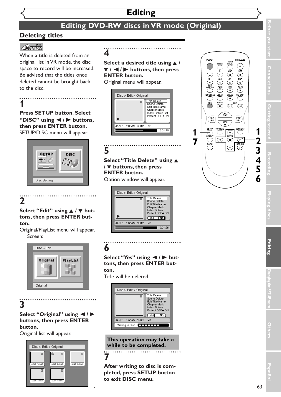 Editing, Editing dvd-rw discs in vr mode (original), Deleting titles | Emerson EWR10D4 User Manual | Page 63 / 100