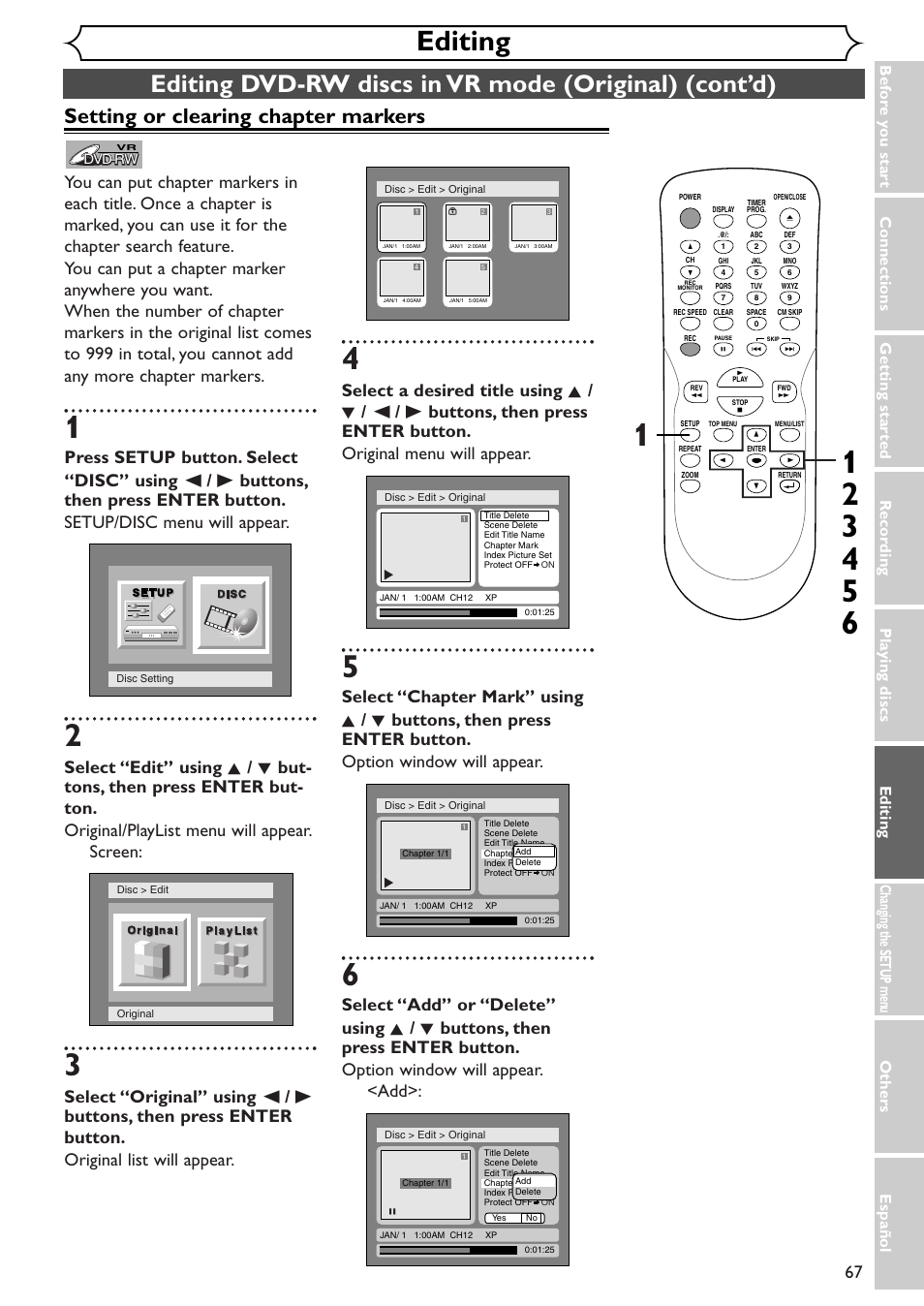 Editing, Setting or clearing chapter markers | Emerson EWR10D4 User Manual | Page 67 / 100