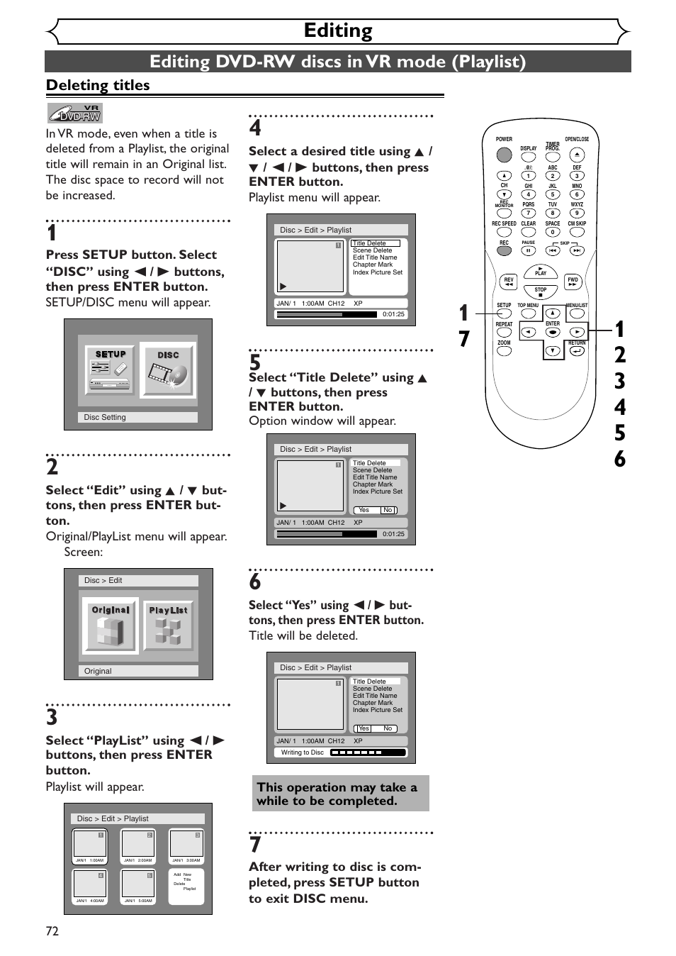 Editing, Editing dvd-rw discs in vr mode (playlist), Deleting titles | Emerson EWR10D4 User Manual | Page 72 / 100