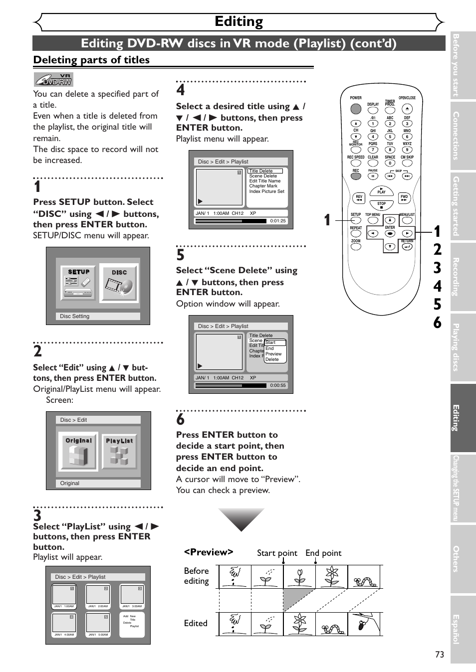 Editing, Deleting parts of titles, Preview | Before editing | Emerson EWR10D4 User Manual | Page 73 / 100