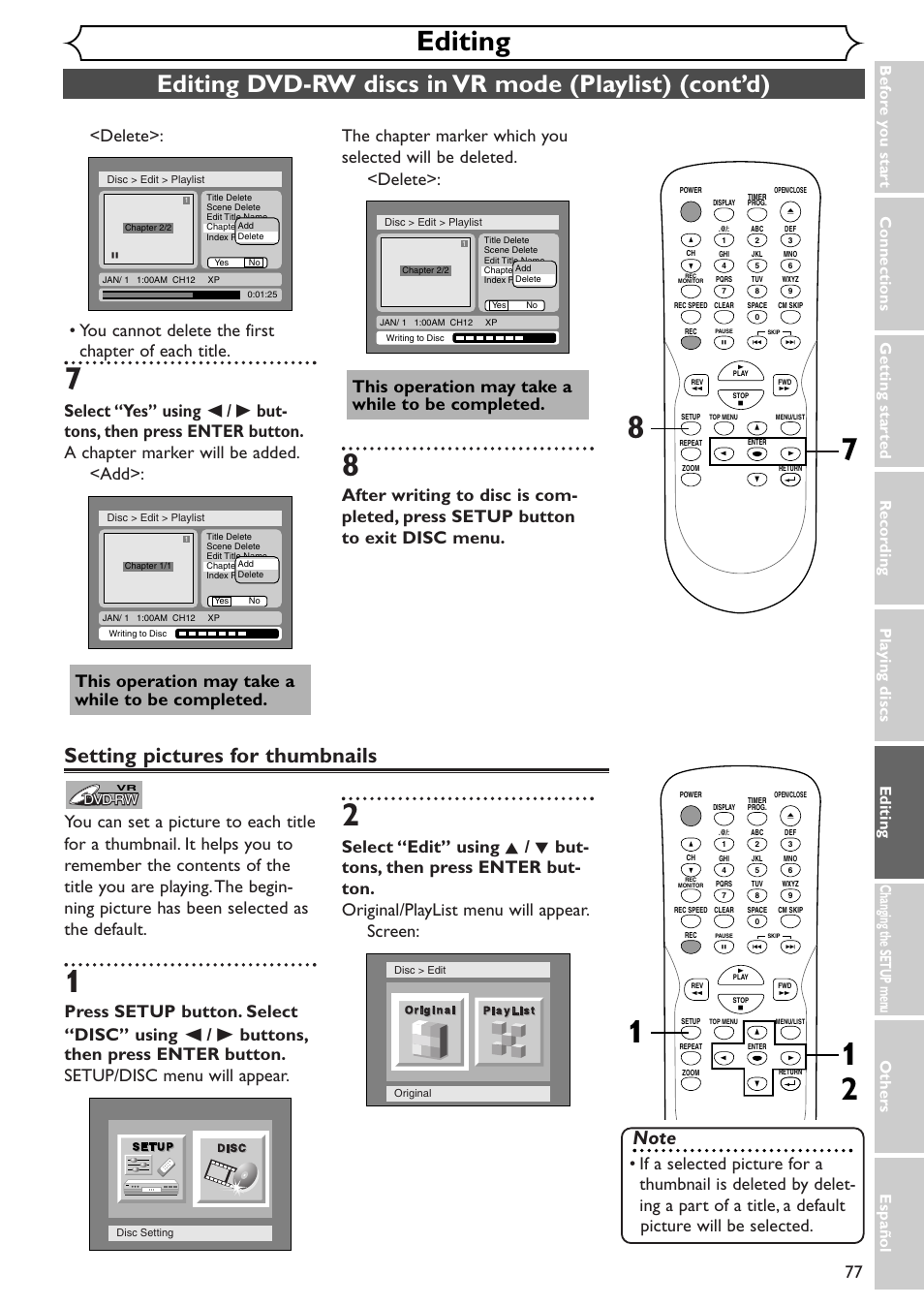 Editing, Setting pictures for thumbnails, This operation may take a while to be completed | Emerson EWR10D4 User Manual | Page 77 / 100