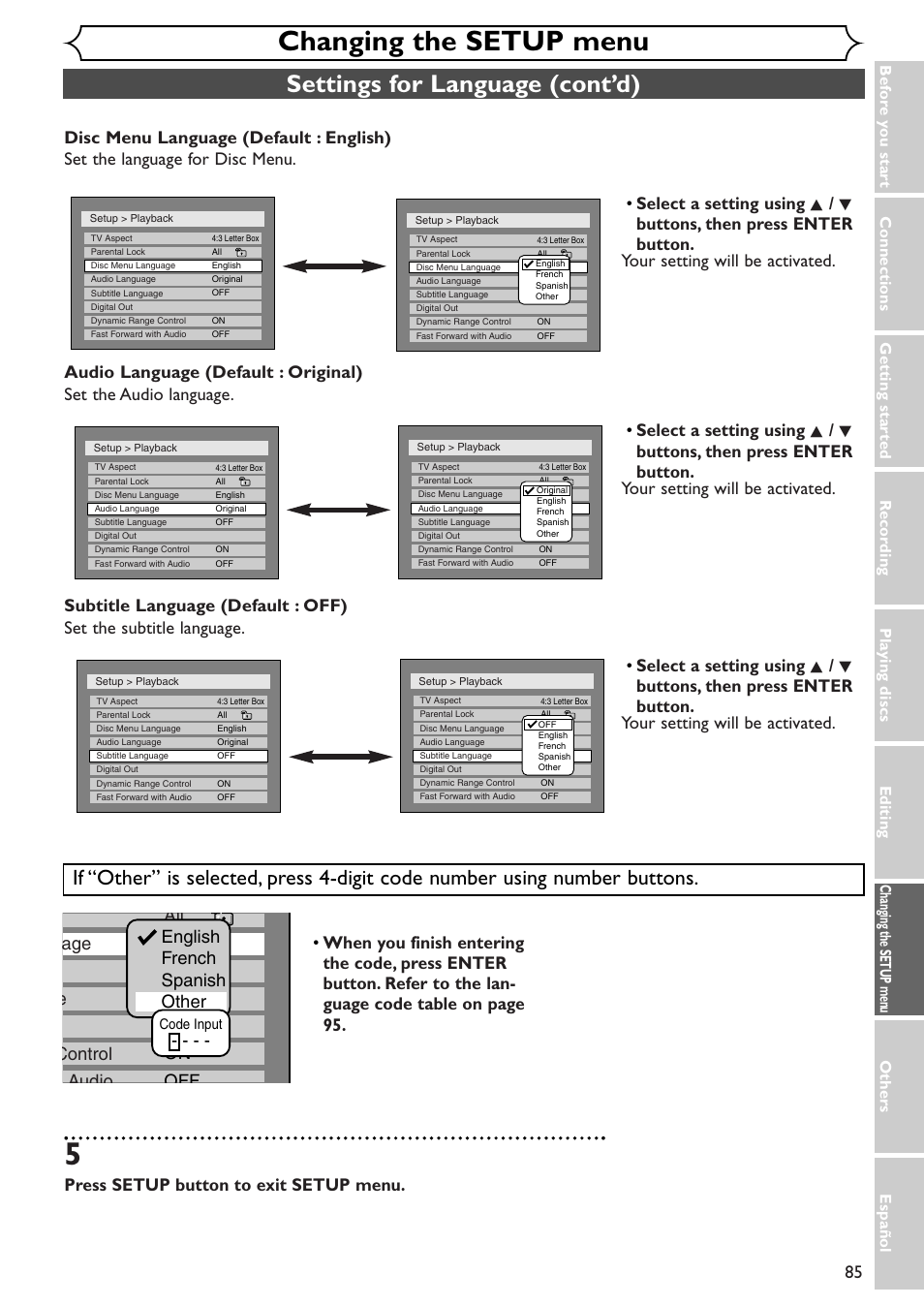 Changing the setup menu, Settings for language (cont’d), Press setup button to exit setup menu | Emerson EWR10D4 User Manual | Page 85 / 100