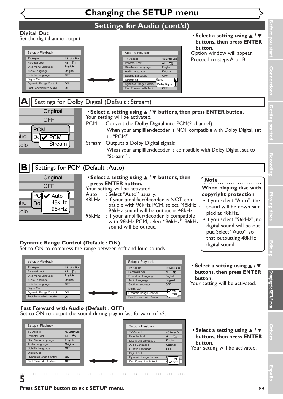 Changing the setup menu, Settings for audio (cont’d), Settings for dolby digital (default : stream) | Settings for pcm (default : auto), Press setup button to exit setup menu | Emerson EWR10D4 User Manual | Page 89 / 100