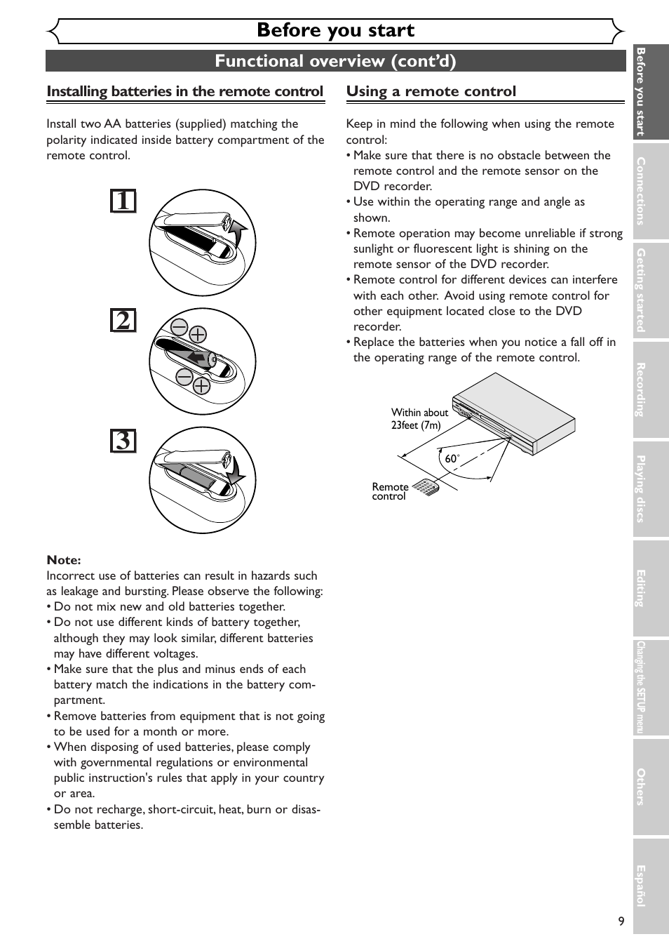 Before you start, Functional overview (cont’d), Using a remote control | Installing batteries in the remote control | Emerson EWR10D4 User Manual | Page 9 / 100