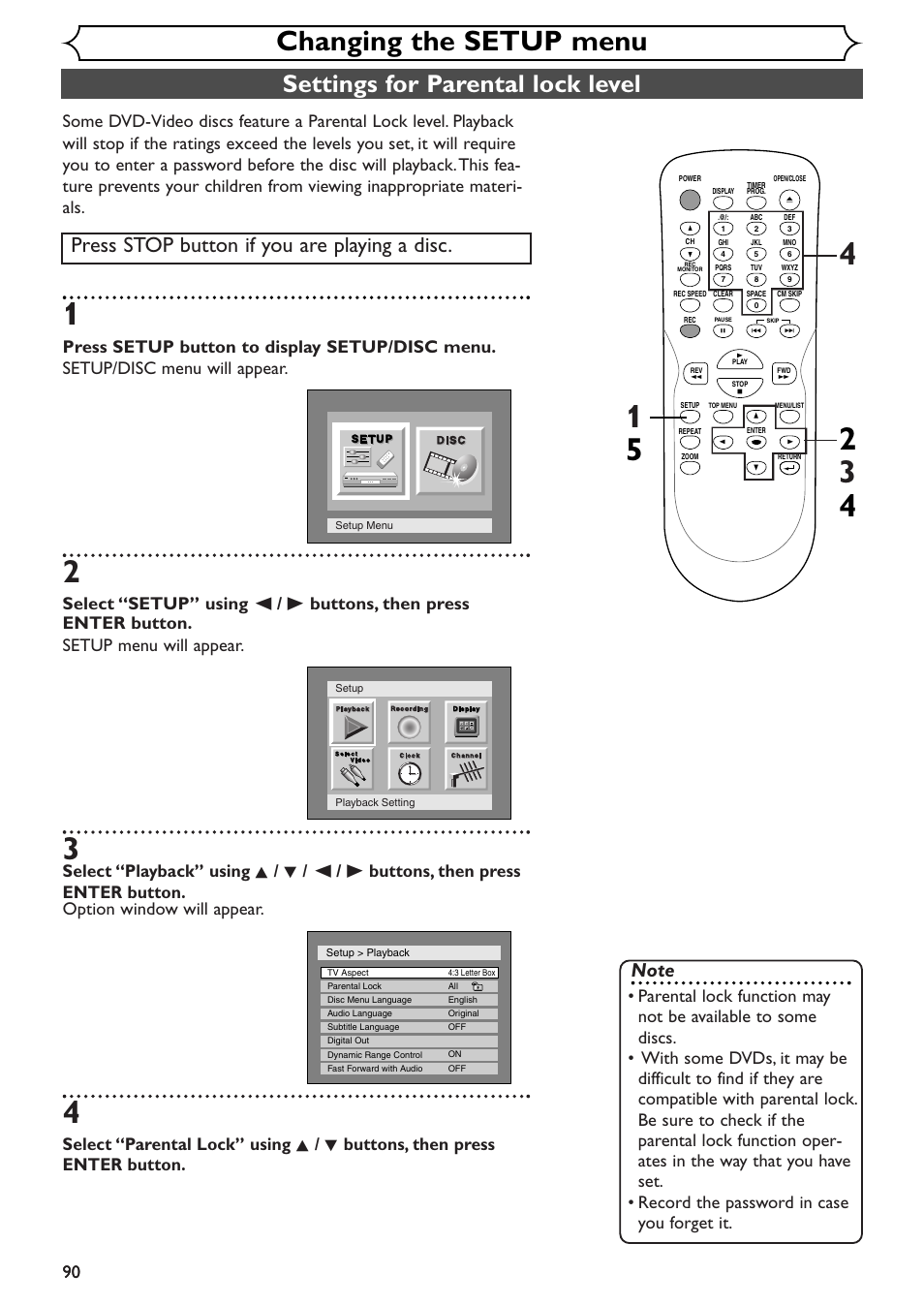 Changing the setup menu, Settings for parental lock level, Press stop button if you are playing a disc | Emerson EWR10D4 User Manual | Page 90 / 100