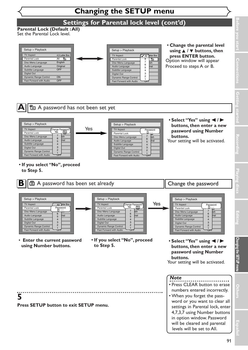 Changing the setup menu, Settings for parental lock level (cont’d), A password has been set already | Change the password, A password has not been set yet, Press setup button to exit setup menu, If you select “no”, proceed to step 5. yes yes | Emerson EWR10D4 User Manual | Page 91 / 100