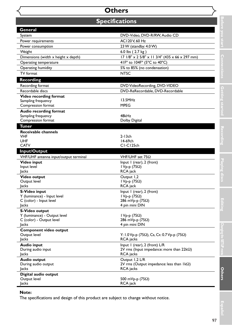 Others, Specifications | Emerson EWR10D4 User Manual | Page 97 / 100