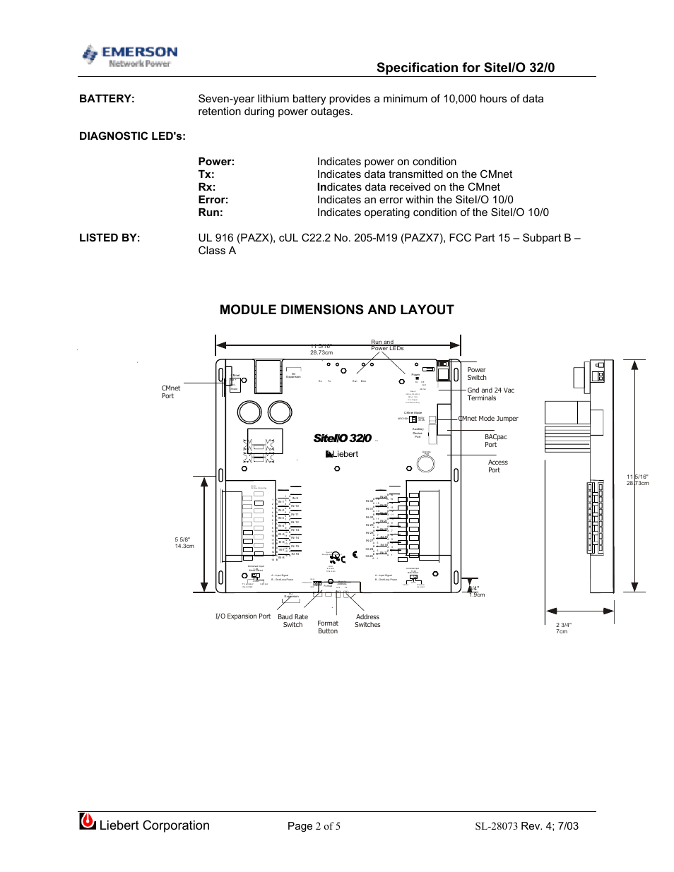 Specification for sitei/o 32/0, Module dimensions and layout, Liebert corporation | Sitei/o32/0, Liebert, Cmnet port, Gnd and 24 vac terminals, Cmnet mode jumper | Emerson SiteI/O 32/0 User Manual | Page 2 / 5