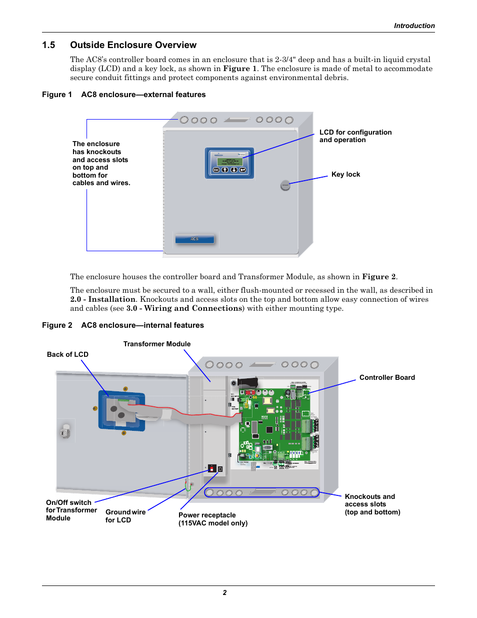 5 outside enclosure overview, Figure 1 ac8 enclosure-external features, Figure 2 ac8 enclosure-internal features | Outside enclosure overview, Ac8 enclosure—external features, Figure 2, Ac8 enclosure—internal features, Introduction 2, Start, Top) on (bottom) | Emerson Autochangeover Controllers AC8 User Manual | Page 10 / 128