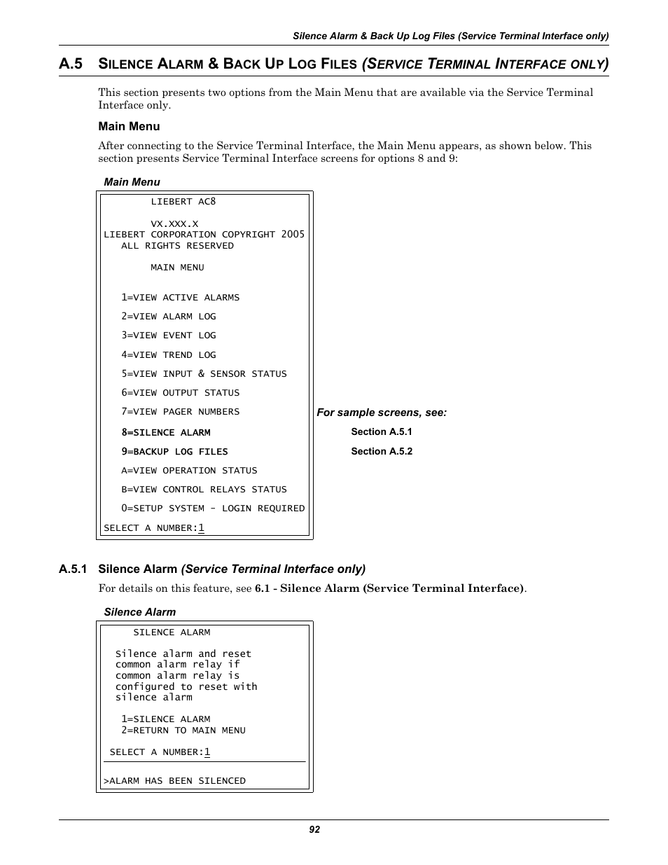 Main menu, Silence alarm & back up log files (ser, Silence alarm | A.5 s | Emerson Autochangeover Controllers AC8 User Manual | Page 100 / 128
