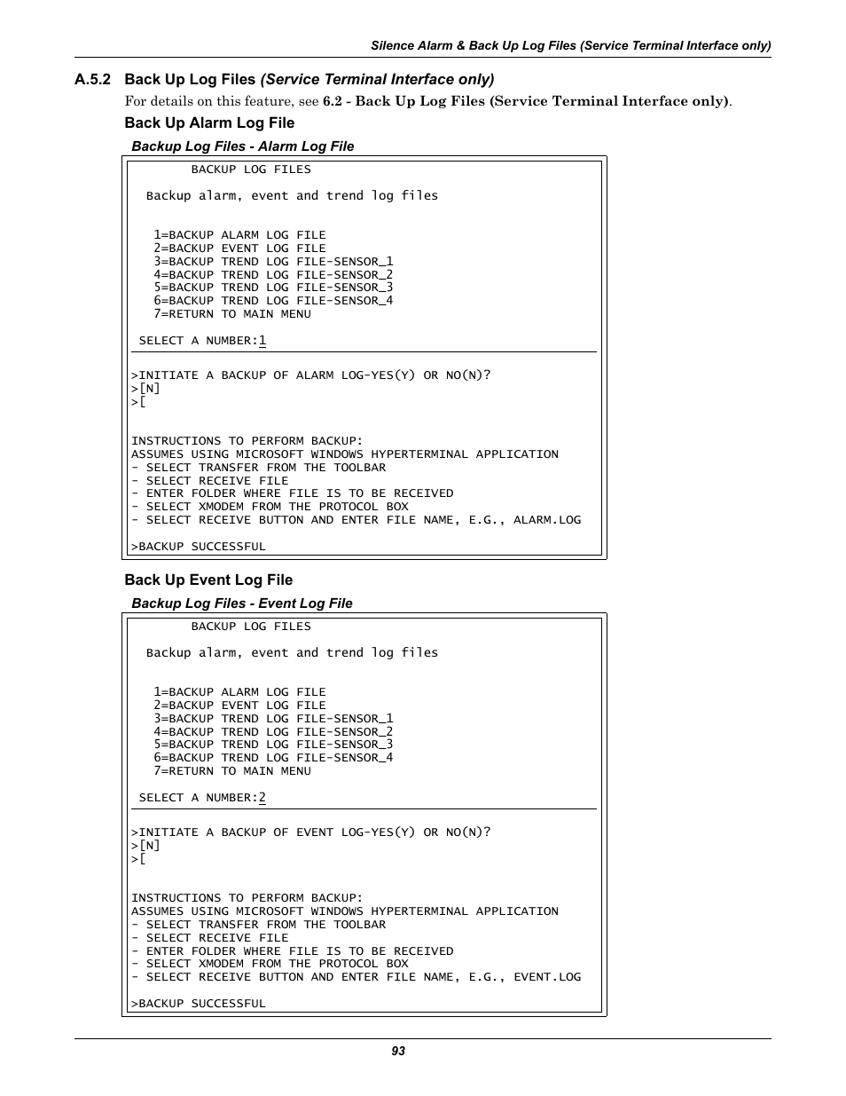 Back up alarm log file, Back up event log file, Back up log files (service terminal | Emerson Autochangeover Controllers AC8 User Manual | Page 101 / 128