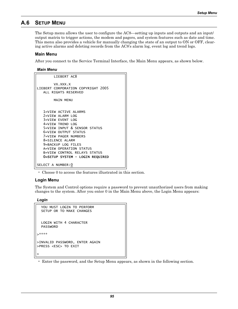 A.6 setup menu, Main menu, Login menu | Setup menu, A.6 s | Emerson Autochangeover Controllers AC8 User Manual | Page 103 / 128