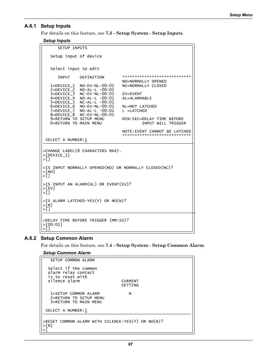 A.6.1 setup inputs, A.6.2 setup common alarm, A.6.1 | Setup inputs, A.6.2, Setup common alarm, Section a.6.1, Section a.6.2 | Emerson Autochangeover Controllers AC8 User Manual | Page 105 / 128