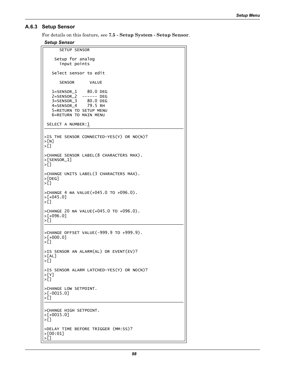 A.6.3 setup sensor, A.6.3, Setup sensor | Section a.6.3 | Emerson Autochangeover Controllers AC8 User Manual | Page 106 / 128