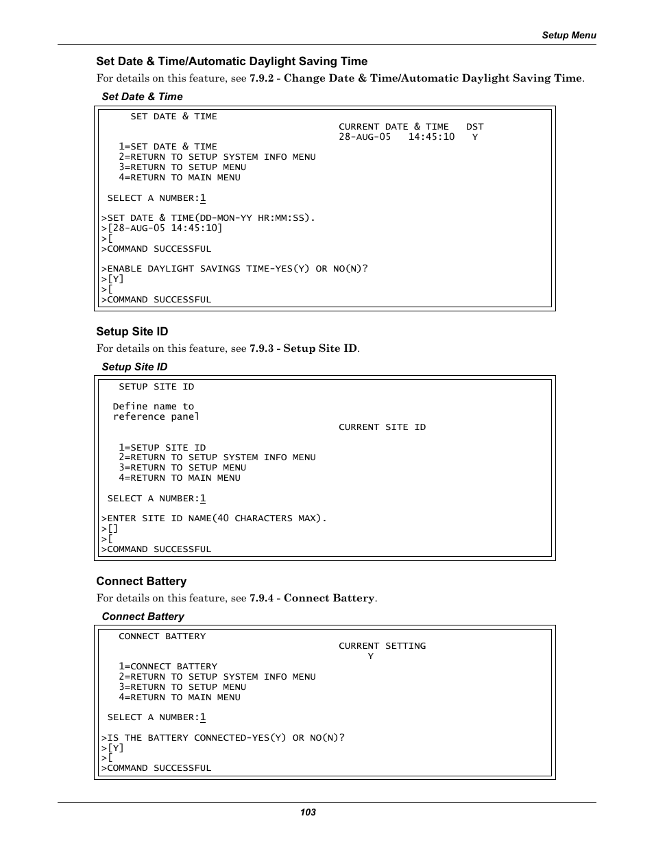 Set date & time/automatic daylight saving time, Setup site id, Connect battery | Emerson Autochangeover Controllers AC8 User Manual | Page 111 / 128