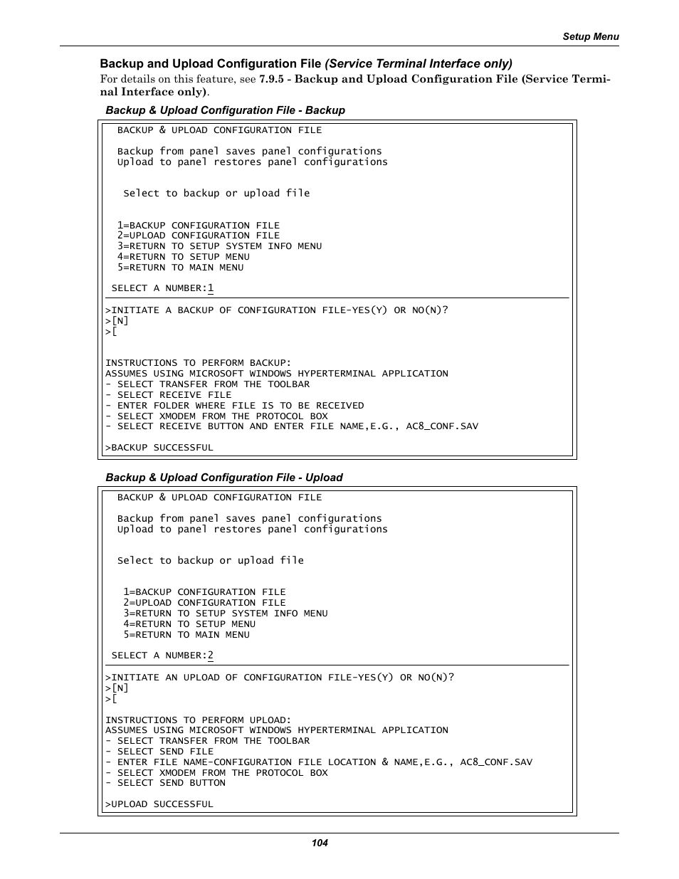 See backup and upload configuration file, Service terminal interface only) in | Emerson Autochangeover Controllers AC8 User Manual | Page 112 / 128