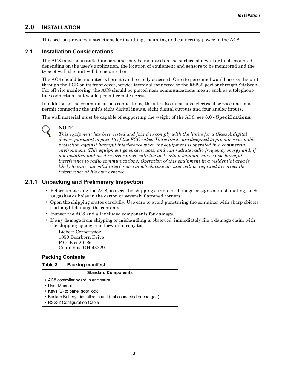 0 installation, 1 installation considerations, 1 unpacking and preliminary inspection | Packing contents, Table 3 packing manifest, Nstallation, Installation considerations, Unpacking and preliminary inspection, Table 3, Packing manifest | Emerson Autochangeover Controllers AC8 User Manual | Page 16 / 128