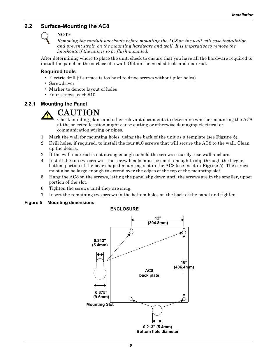 2 surface-mounting the ac8, Required tools, 1 mounting the panel | Figure 5 mounting dimensions, Surface-mounting the ac8, Mounting the panel, Figure 5, Mounting dimensions, Caution | Emerson Autochangeover Controllers AC8 User Manual | Page 17 / 128