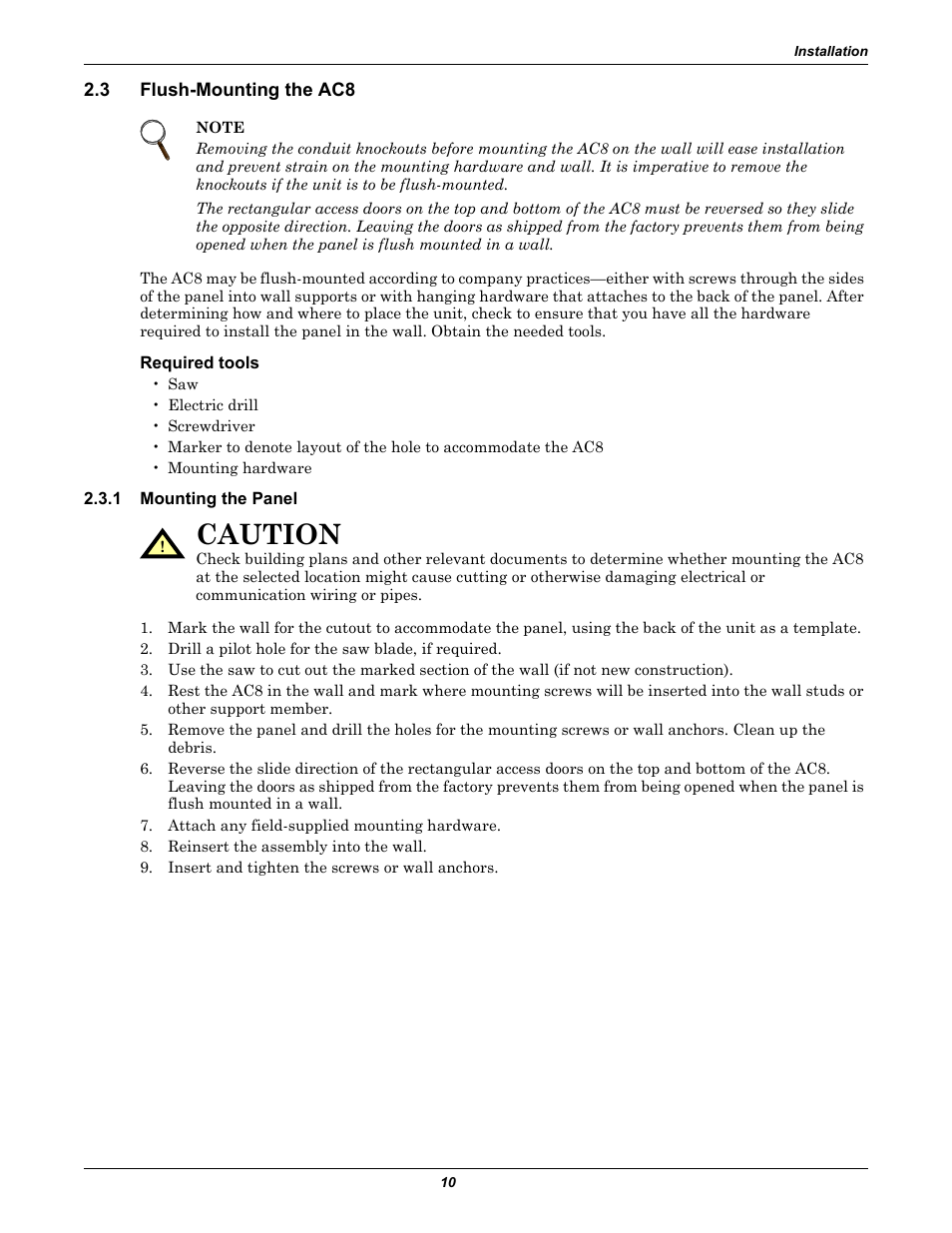 3 flush-mounting the ac8, Required tools, 1 mounting the panel | Flush-mounting the ac8, Mounting the panel, Caution | Emerson Autochangeover Controllers AC8 User Manual | Page 18 / 128