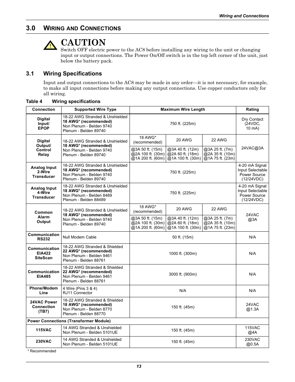 0 wiring and connections, 1 wiring specifications, Table 4 wiring specifications | Iring, Onnections, Wiring specifications, Table 4, 0 - wiring and connections ) with either mount, Wiring and connections, Caution | Emerson Autochangeover Controllers AC8 User Manual | Page 21 / 128
