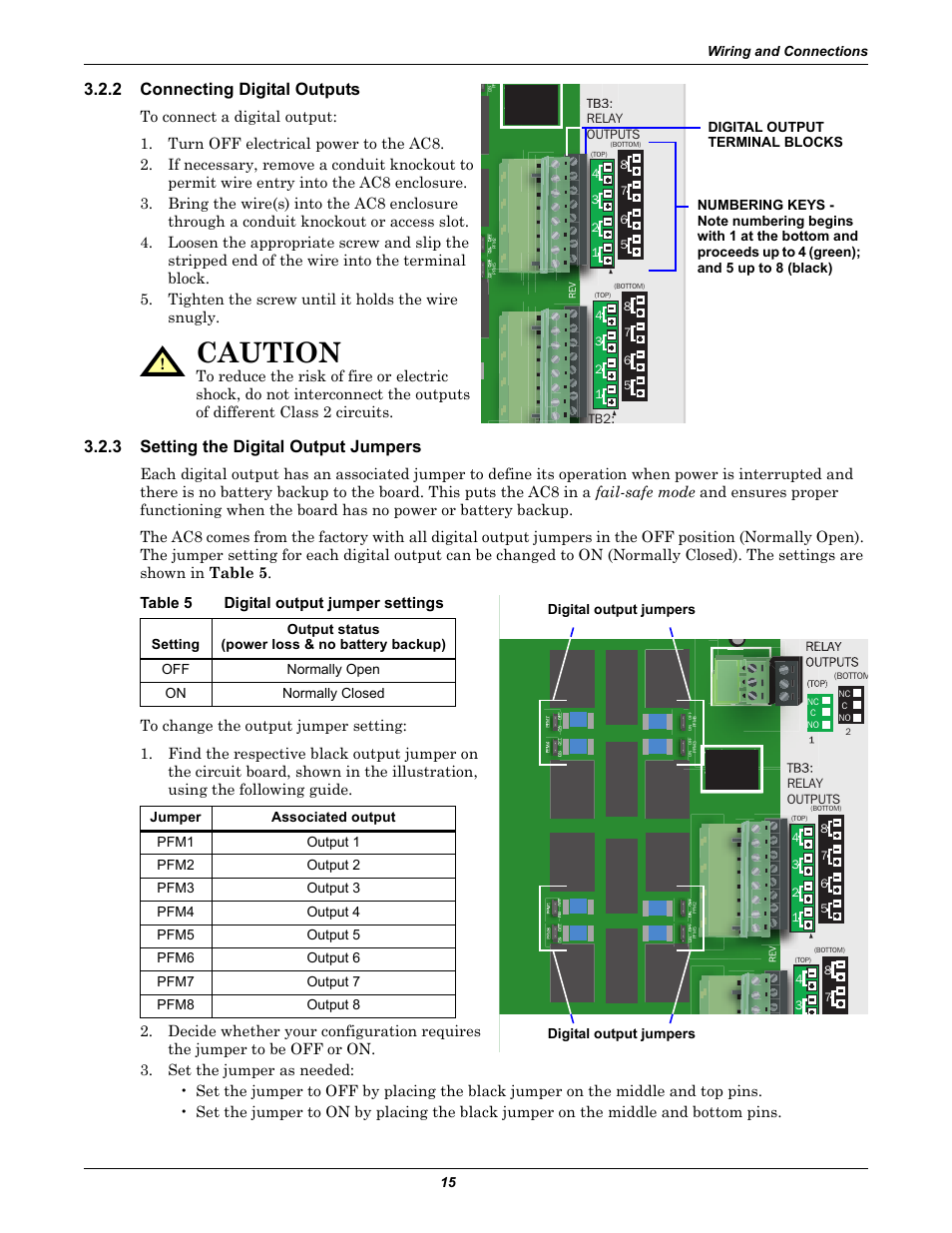 2 connecting digital outputs, 3 setting the digital output jumpers, Table 5 digital output jumper settings | Connecting digital outputs, Setting the digital output jumpers, Table 5, Digital output jumper settings, Setting the digital output, Jumpers, Caution | Emerson Autochangeover Controllers AC8 User Manual | Page 23 / 128