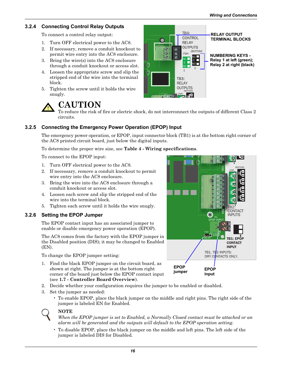 4 connecting control relay outputs, 6 setting the epop jumper, Connecting control relay outputs | Setting the epop jumper, Connecting control relay, Outputs, Connecting the emergency, Power operation (epop) input, Caution | Emerson Autochangeover Controllers AC8 User Manual | Page 24 / 128