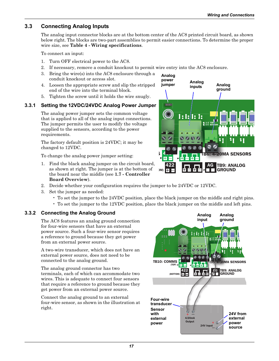 3 connecting analog inputs, 1 setting the 12vdc/24vdc analog power jumper, 2 connecting the analog ground | Connecting analog inputs, Setting the 12vdc/24vdc analog power jumper, Connecting the analog ground, Setting the 12vdc/24vdc, Analog power jumper | Emerson Autochangeover Controllers AC8 User Manual | Page 25 / 128